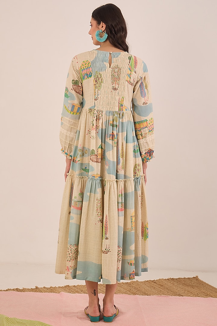 Cream Cotton Printed Midi Summer Dress by Shivani Bhargava at Pernia's Pop Up Shop