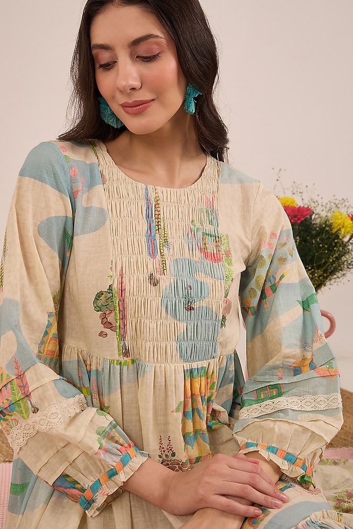 Cream Cotton Printed Midi Summer Dress by Shivani Bhargava at Pernia's Pop Up Shop