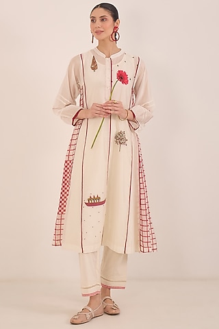 Ivory Silk Chanderi Printed Kurta Set by Shivani Bhargava