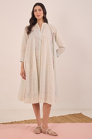Powder blue Cotton Checkered Midi Dress by Shivani Bhargava