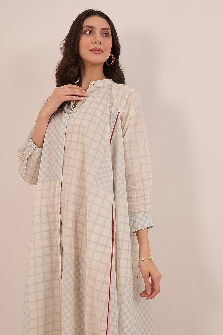 Powder blue Cotton Checkered Midi Summer Dress by Shivani Bhargava at Pernia's Pop Up Shop