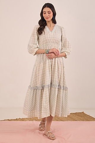 Powder blue Cotton Checkered Midi Dress by Shivani Bhargava