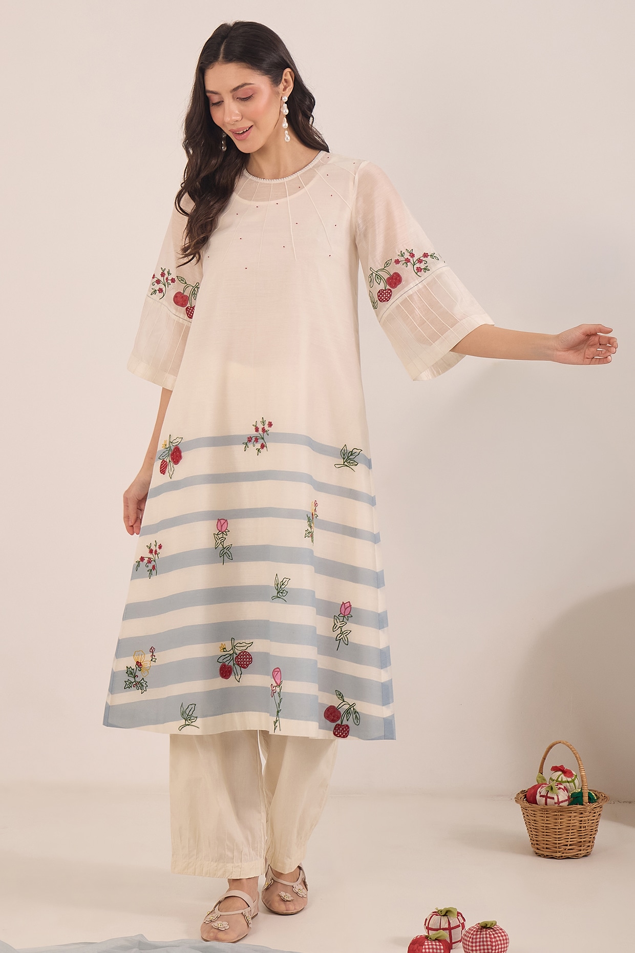 Shivani Bhargava Ivory Silk Chanderi Striped A-Line Kurta Set