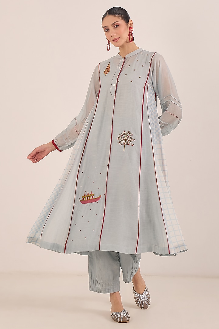 Powder Blue Silk Chanderi Motif Embroidered Kurta Set by Shivani Bhargava at Pernia's Pop Up Shop