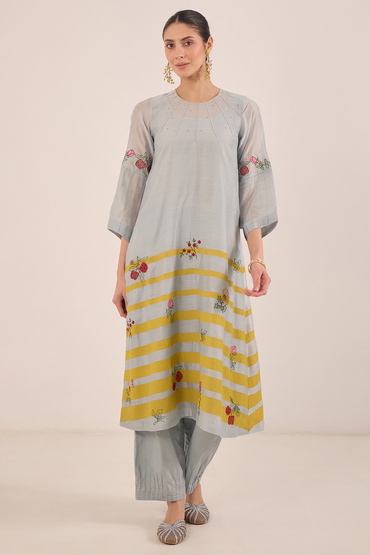 Shivani Bhargava Powder Blue Silk Chanderi Floral Embroidered Kurta Set