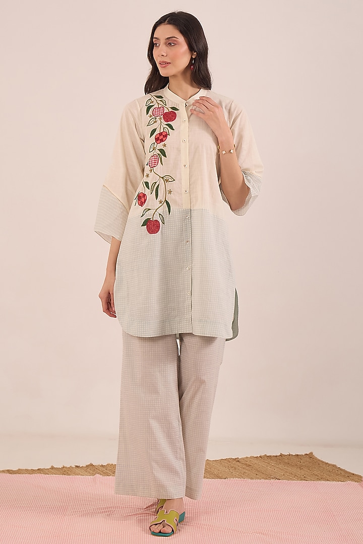 Ivory & Powder blue Cotton Checkered Tunic Set by Shivani Bhargava at Pernia's Pop Up Shop