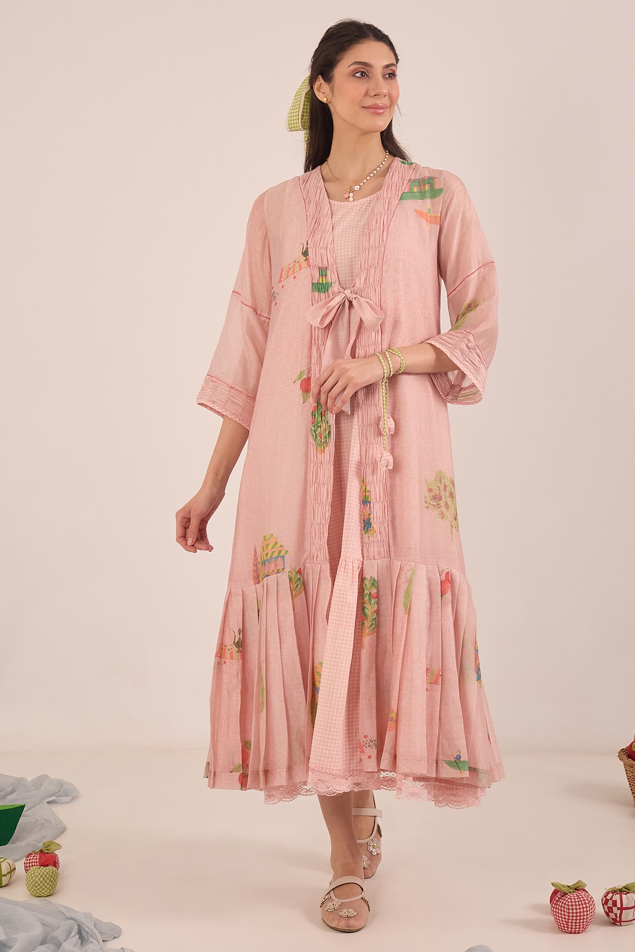 Shivani Bhargava Pink Silk Chanderi Pleated Jacket Dress
