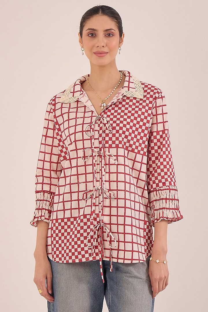 Red Cotton Checks Shirt by Shivani Bhargava at Pernia's Pop Up Shop