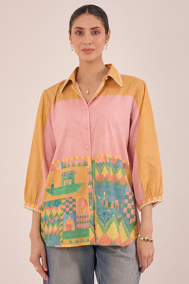 Orange Cotton Scenic Printed Shirt by Shivani Bhargava at Pernia's Pop Up Shop