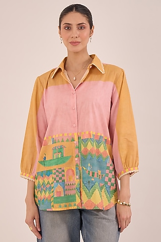 Orange Cotton Scenic Printed Shirt by Shivani Bhargava