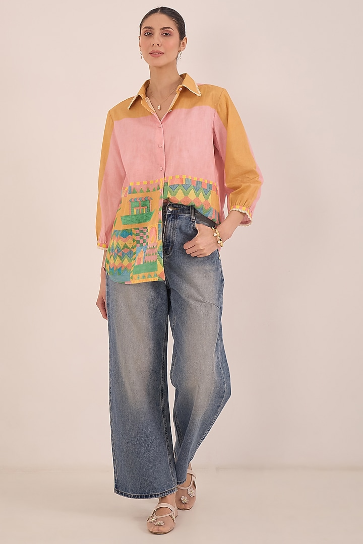 Orange Cotton Scenic Printed Shirt by Shivani Bhargava at Pernia's Pop Up Shop