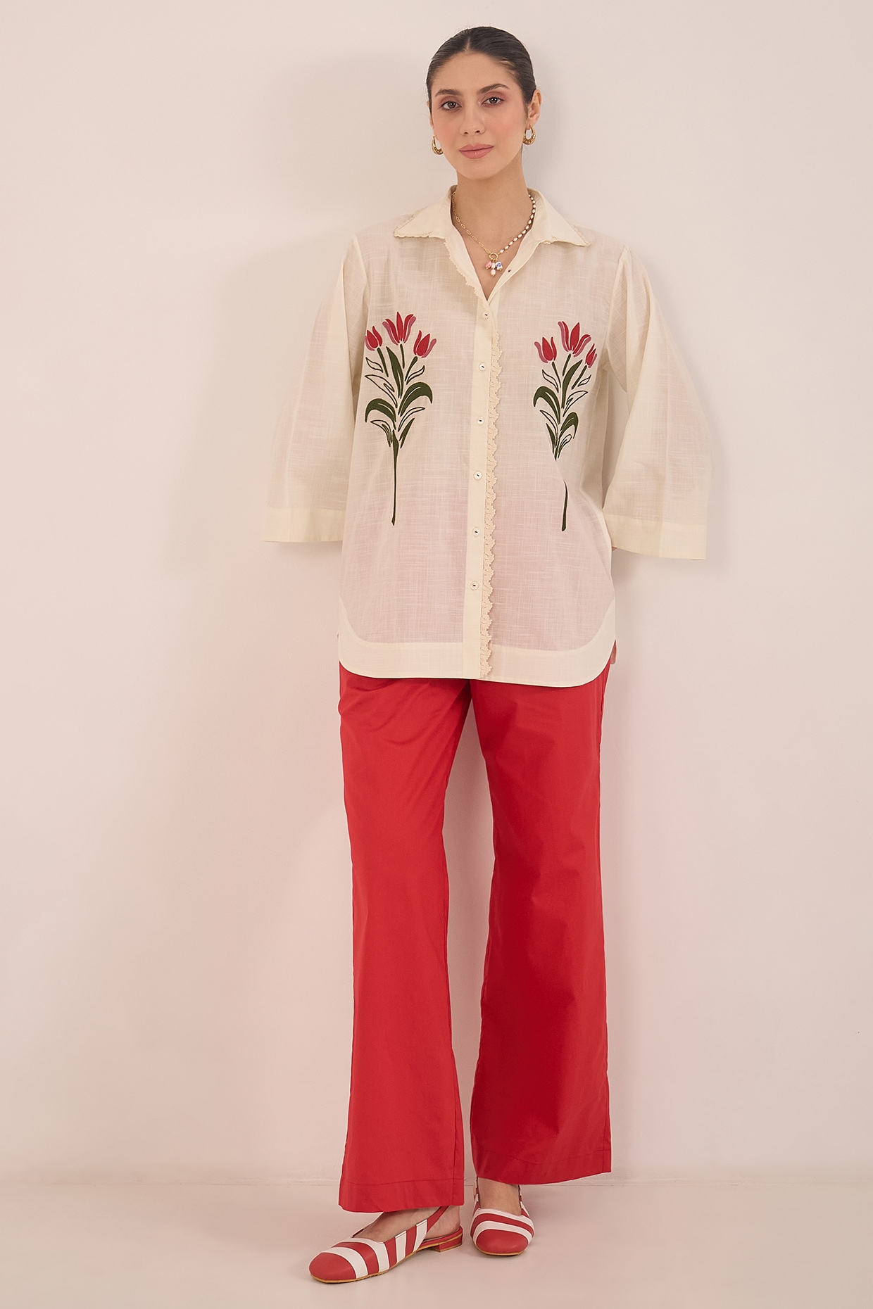 Shivani Bhargava Ivory & Red Cotton Embroidered Co-Ord Set