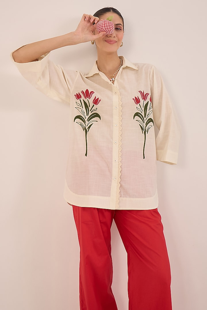 Ivory & Red Cotton Embroidered Co-Ord Set by Shivani Bhargava at Pernia's Pop Up Shop