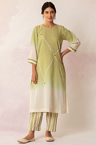 Ombre Olive Green Handloom Khadi Kurta Set by Shivani Bhargava