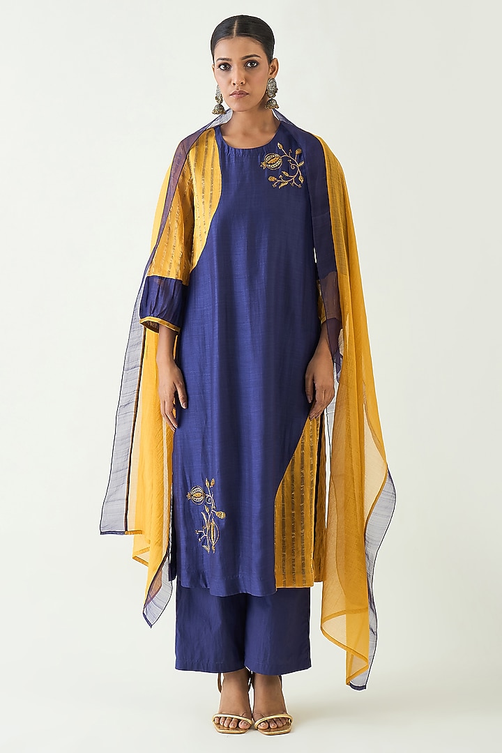 Purple & Mustard Cotton Silk Hand Embroidered Kurta Set by Shivani Bhargava at Pernia's Pop Up Shop