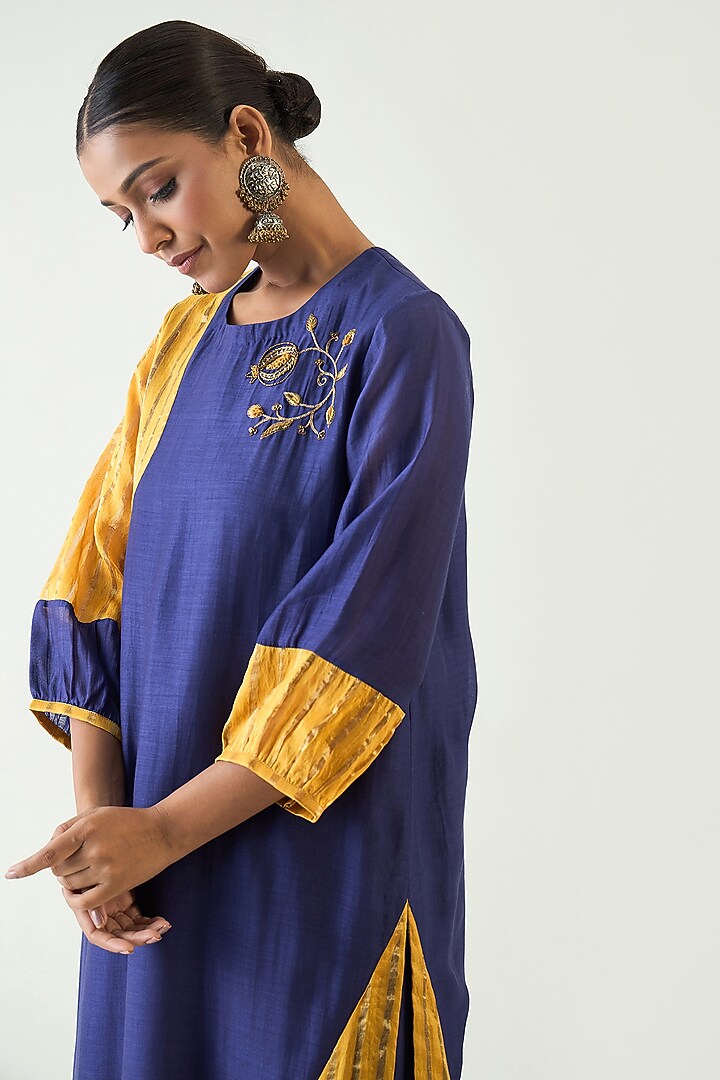 Purple & Mustard Cotton Silk Hand Embroidered Kurta Set by Shivani Bhargava at Pernia's Pop Up Shop