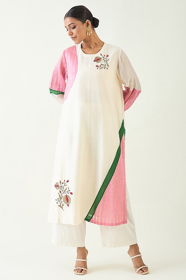 Ivory & Pink Cotton Silk Hand Embroidered Kurta Set by Shivani Bhargava at Pernia's Pop Up Shop