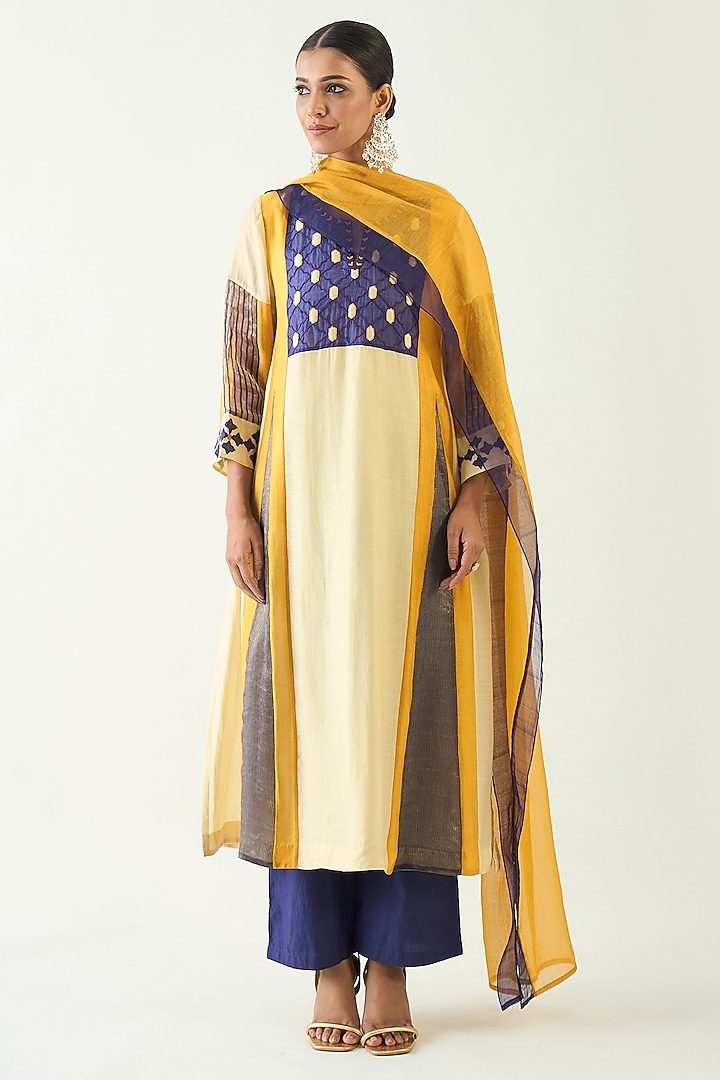 Mustard & Purple Cotton Silk Zari Hand Embroidered Kurta Set by Shivani Bhargava at Pernia's Pop Up Shop