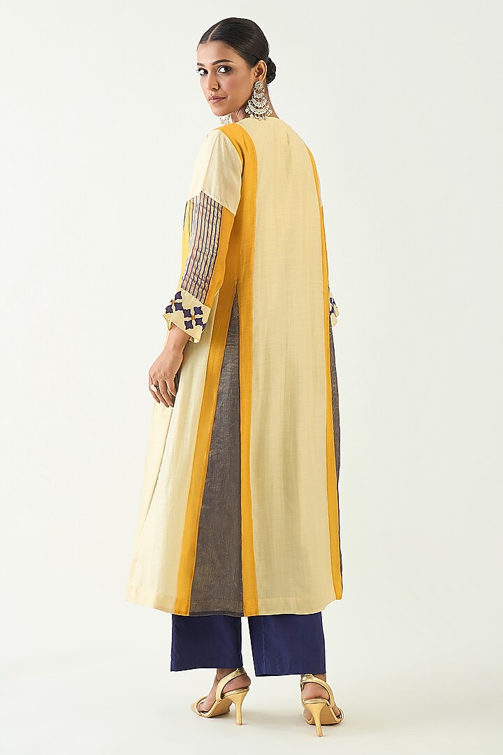 Mustard & Purple Cotton Silk Zari Hand Embroidered Kurta Set by Shivani Bhargava at Pernia's Pop Up Shop