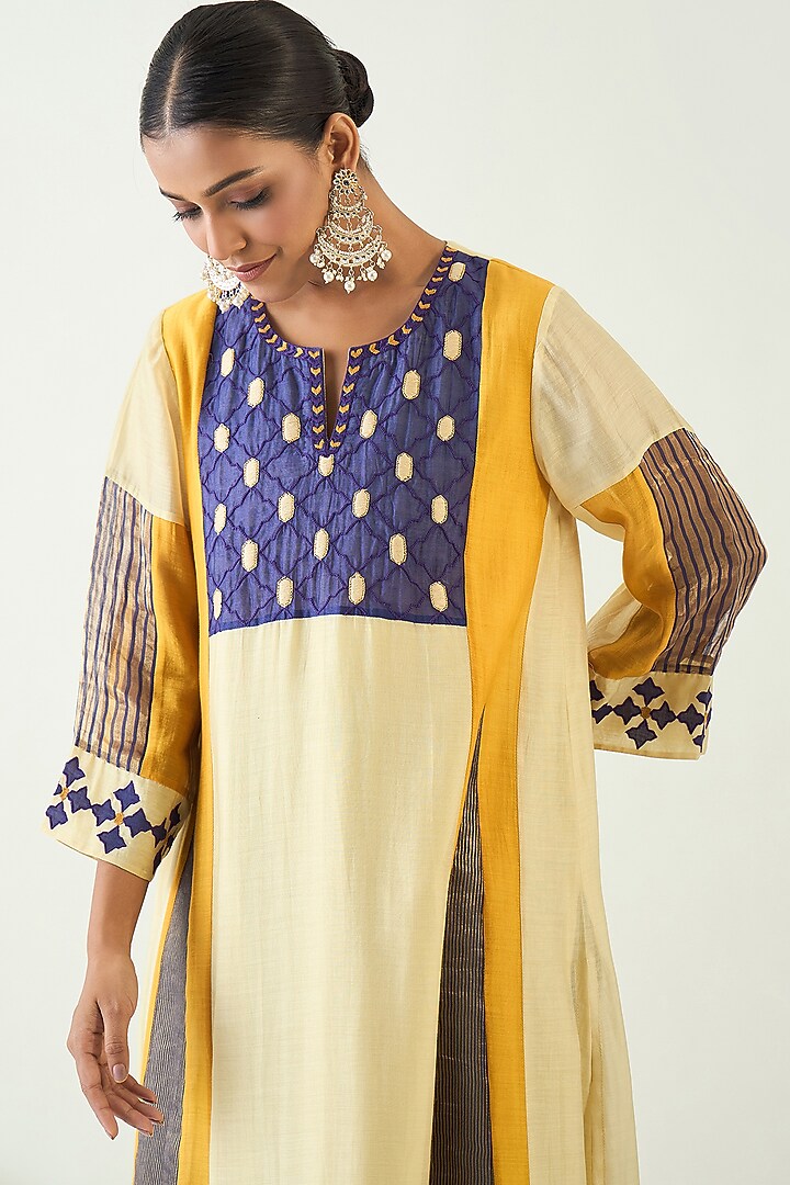 Mustard & Purple Cotton Silk Zari Hand Embroidered Kurta Set by Shivani Bhargava at Pernia's Pop Up Shop