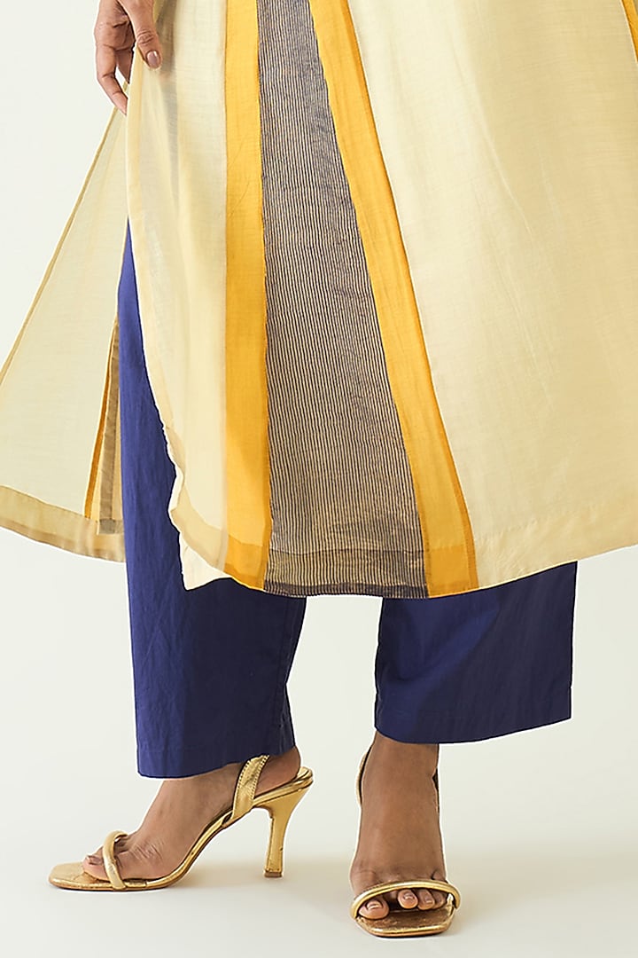 Mustard & Purple Cotton Silk Zari Hand Embroidered Kurta Set by Shivani Bhargava at Pernia's Pop Up Shop