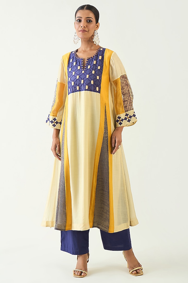 Mustard & Purple Cotton Silk Zari Hand Embroidered Kurta Set by Shivani Bhargava at Pernia's Pop Up Shop
