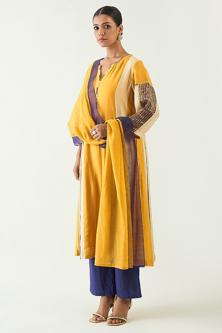 Mustard & Purple Cotton Silk Zari Hand Embroidered Kurta Set by Shivani Bhargava at Pernia's Pop Up Shop