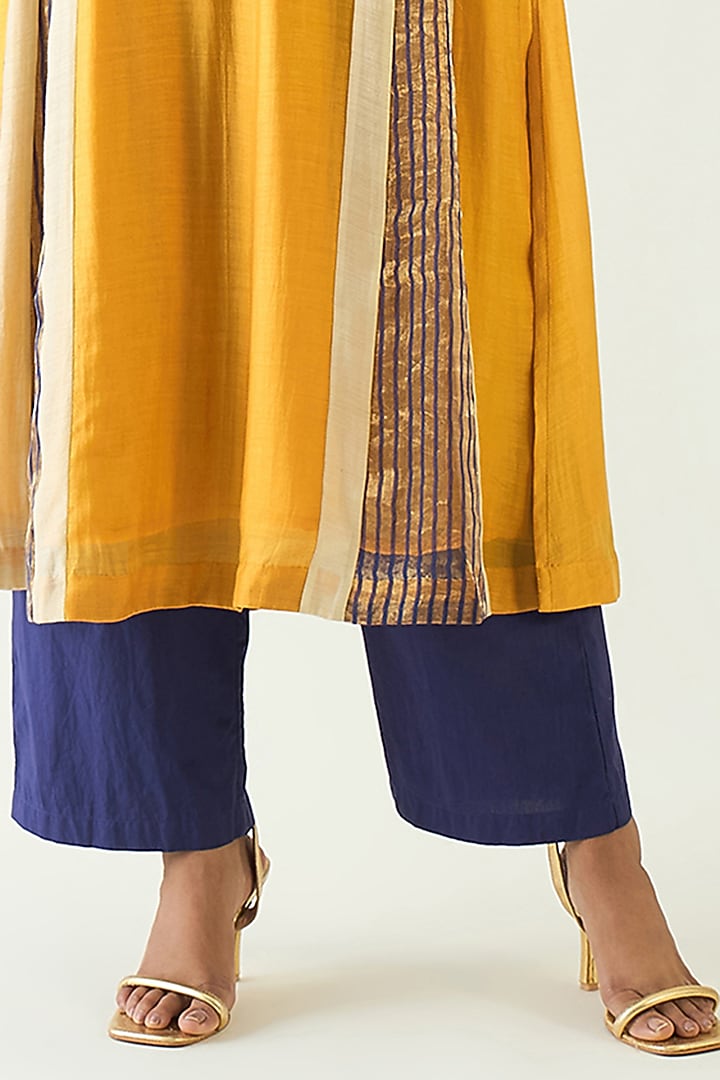 Mustard & Purple Cotton Silk Zari Hand Embroidered Kurta Set by Shivani Bhargava at Pernia's Pop Up Shop
