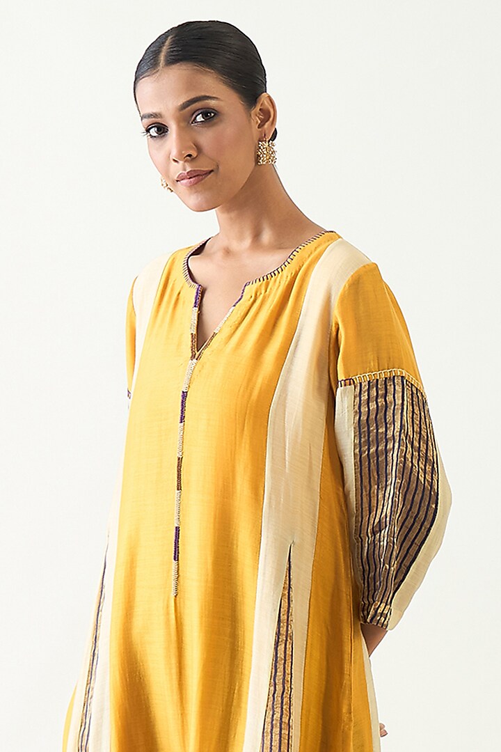 Mustard & Purple Cotton Silk Zari Hand Embroidered Kurta Set by Shivani Bhargava at Pernia's Pop Up Shop