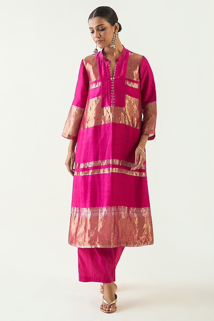 Hot Pink Silk Stripe Tissue Hand Embroidered Kurta Set by Shivani Bhargava at Pernia's Pop Up Shop