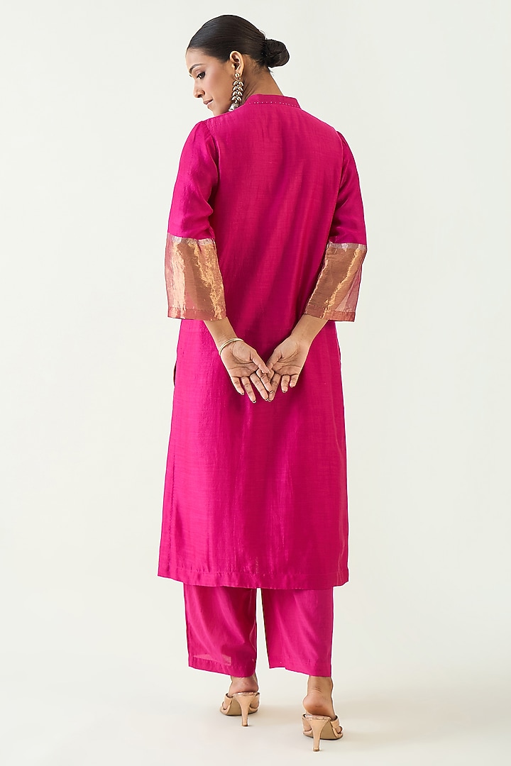 Hot Pink Silk Stripe Tissue Hand Embroidered Kurta Set by Shivani Bhargava at Pernia's Pop Up Shop