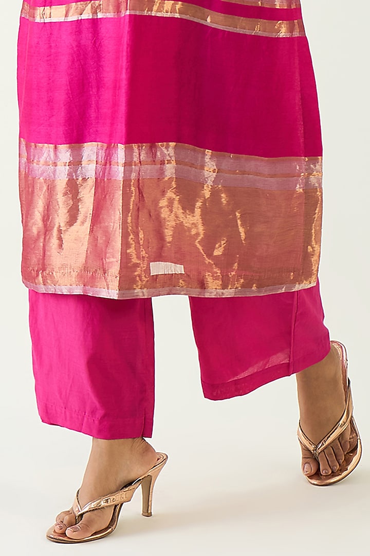 Hot Pink Silk Stripe Tissue Hand Embroidered Kurta Set by Shivani Bhargava at Pernia's Pop Up Shop