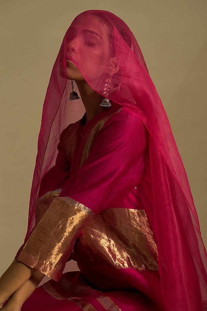 Hot Pink Silk Stripe Tissue Hand Embroidered Kurta Set by Shivani Bhargava at Pernia's Pop Up Shop