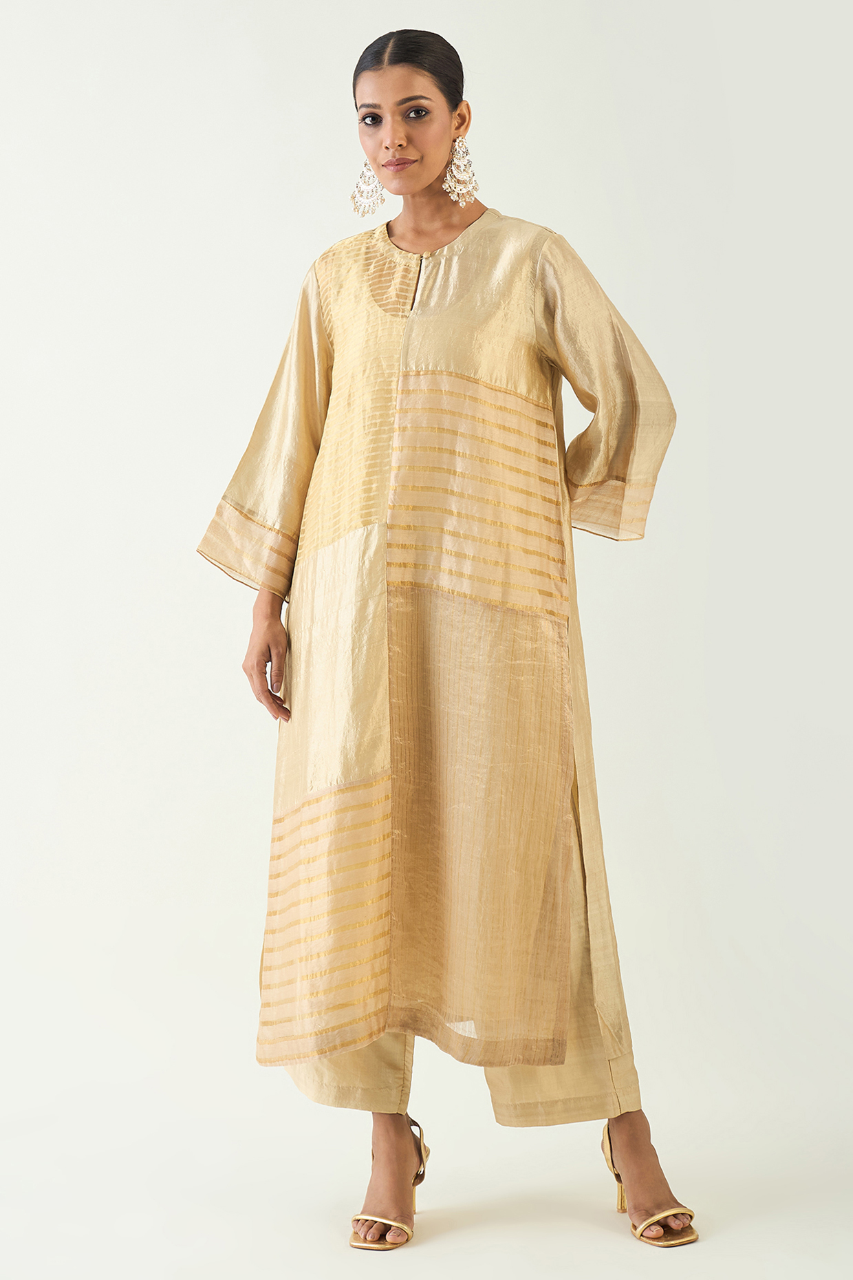 Beige Silk & Zari Stripe Kurta Set by Shivani Bhargava at Pernia's Pop Up Shop