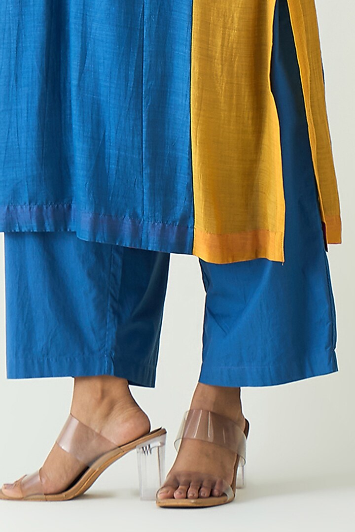 Blue Cotton Silk Color Blocked Kurta Set by Shivani Bhargava at Pernia's Pop Up Shop