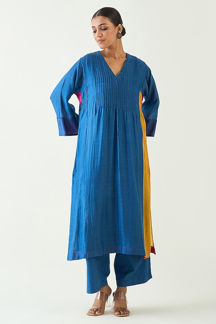 Blue Cotton Silk Color Blocked Kurta Set by Shivani Bhargava at Pernia's Pop Up Shop