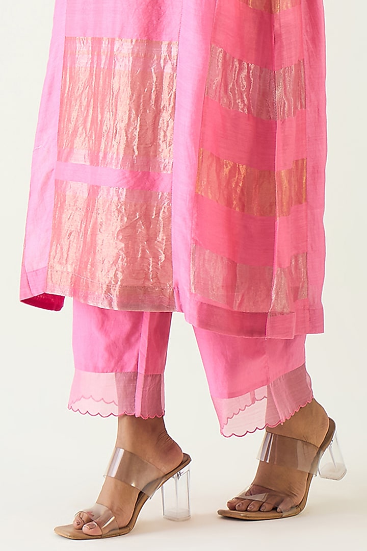 Candy Pink Handloom Zari & Cotton Silk Hand Embroidered Choga Kurta Set by Shivani Bhargava at Pernia's Pop Up Shop