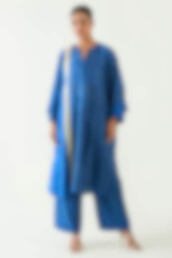 Blue Pure Silk Color Blocked Tunic Set by Shivani Bhargava at Pernia's Pop Up Shop