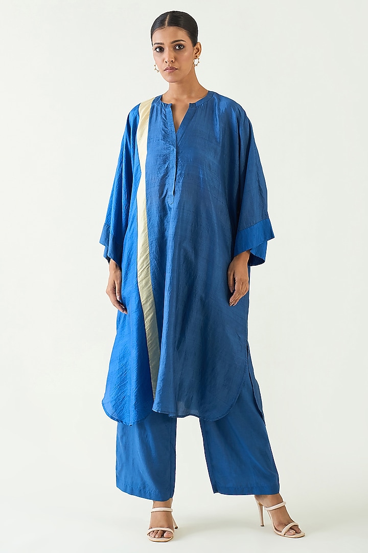 Blue Pure Silk Color Blocked Tunic Set by Shivani Bhargava at Pernia's Pop Up Shop