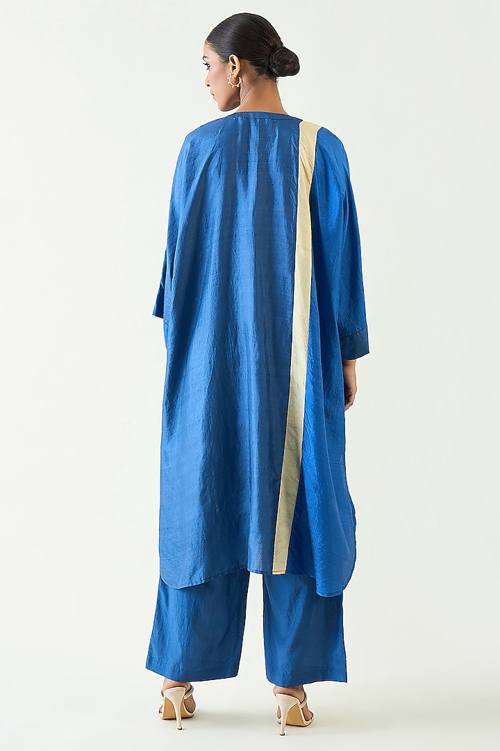 Blue Pure Silk Color Blocked Tunic Set by Shivani Bhargava at Pernia's Pop Up Shop