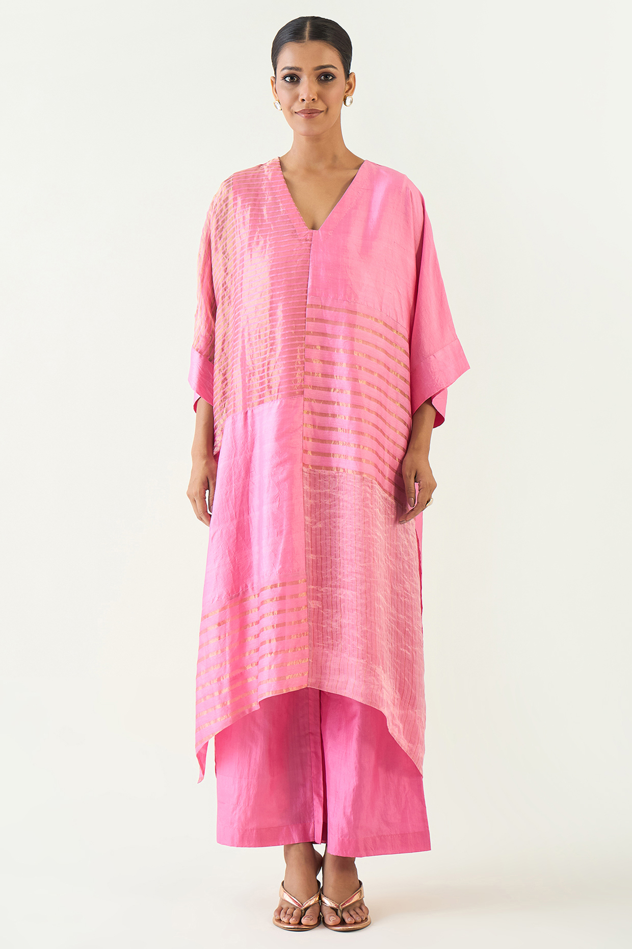 Candy Pink Handloom Zari Stripe Fabric Kaftan Set by Shivani Bhargava at Pernia's Pop Up Shop