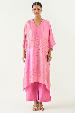 Candy Pink Handloom Zari Stripe Fabric Kaftan Set by Shivani Bhargava