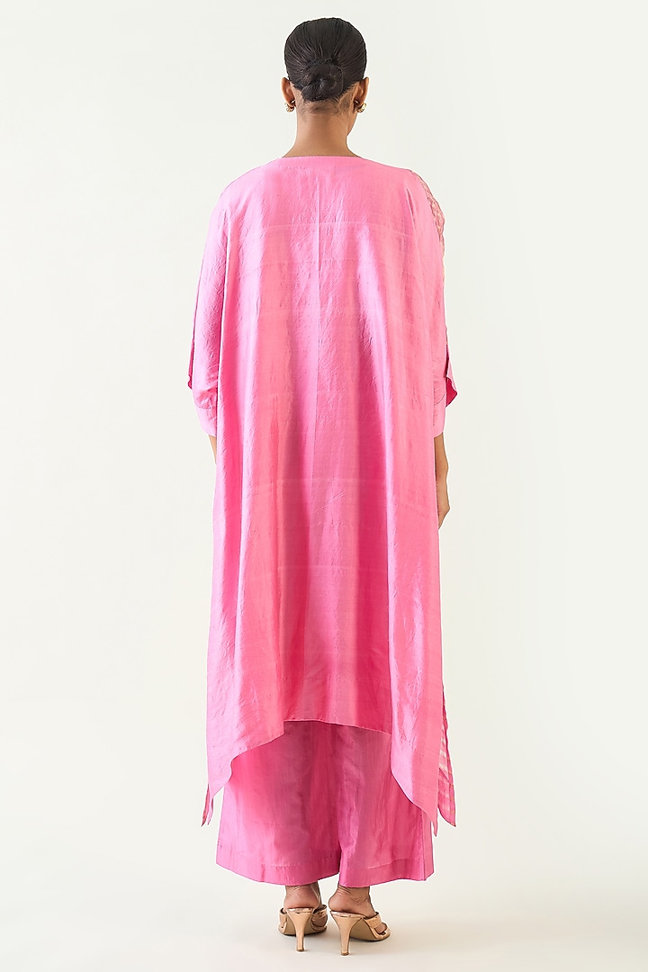 Candy Pink Handloom Zari Stripe Fabric Kaftan Set by Shivani Bhargava at Pernia's Pop Up Shop