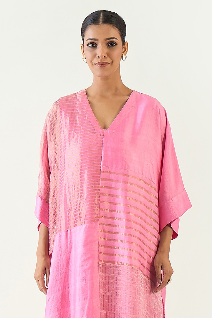 Candy Pink Handloom Zari Stripe Fabric Kaftan Set by Shivani Bhargava at Pernia's Pop Up Shop