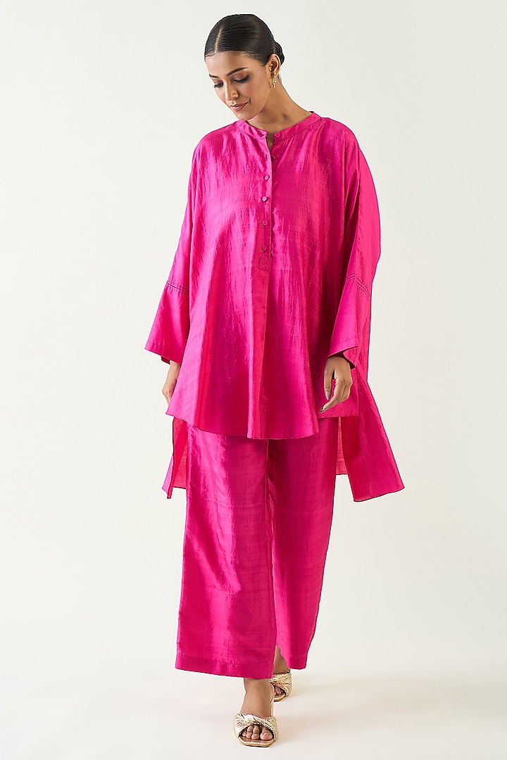Hot Pink Pure Silk Tunic Set by Shivani Bhargava at Pernia's Pop Up Shop