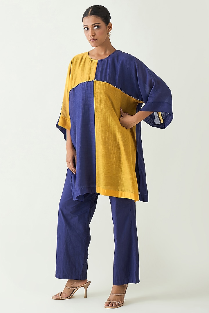 Mustard & Purple Pure Cotton Silk Hand Embellished Tunic Set by Shivani Bhargava at Pernia's Pop Up Shop