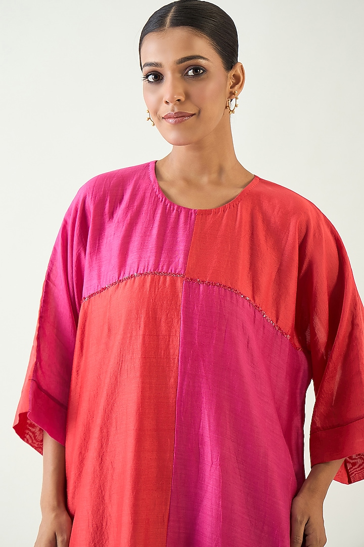 Hot Pink & Red Pure Cotton Silk Hand Embellished Tunic Set by Shivani Bhargava at Pernia's Pop Up Shop