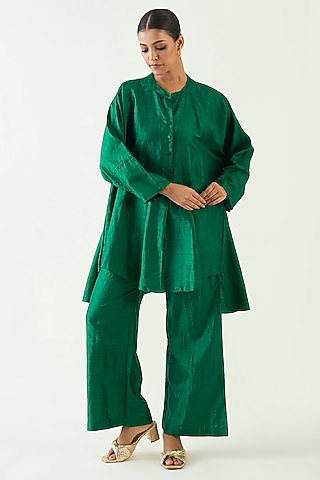 Emerald Green Pure Cotton Silk Kimono Tunic Set by Shivani Bhargava