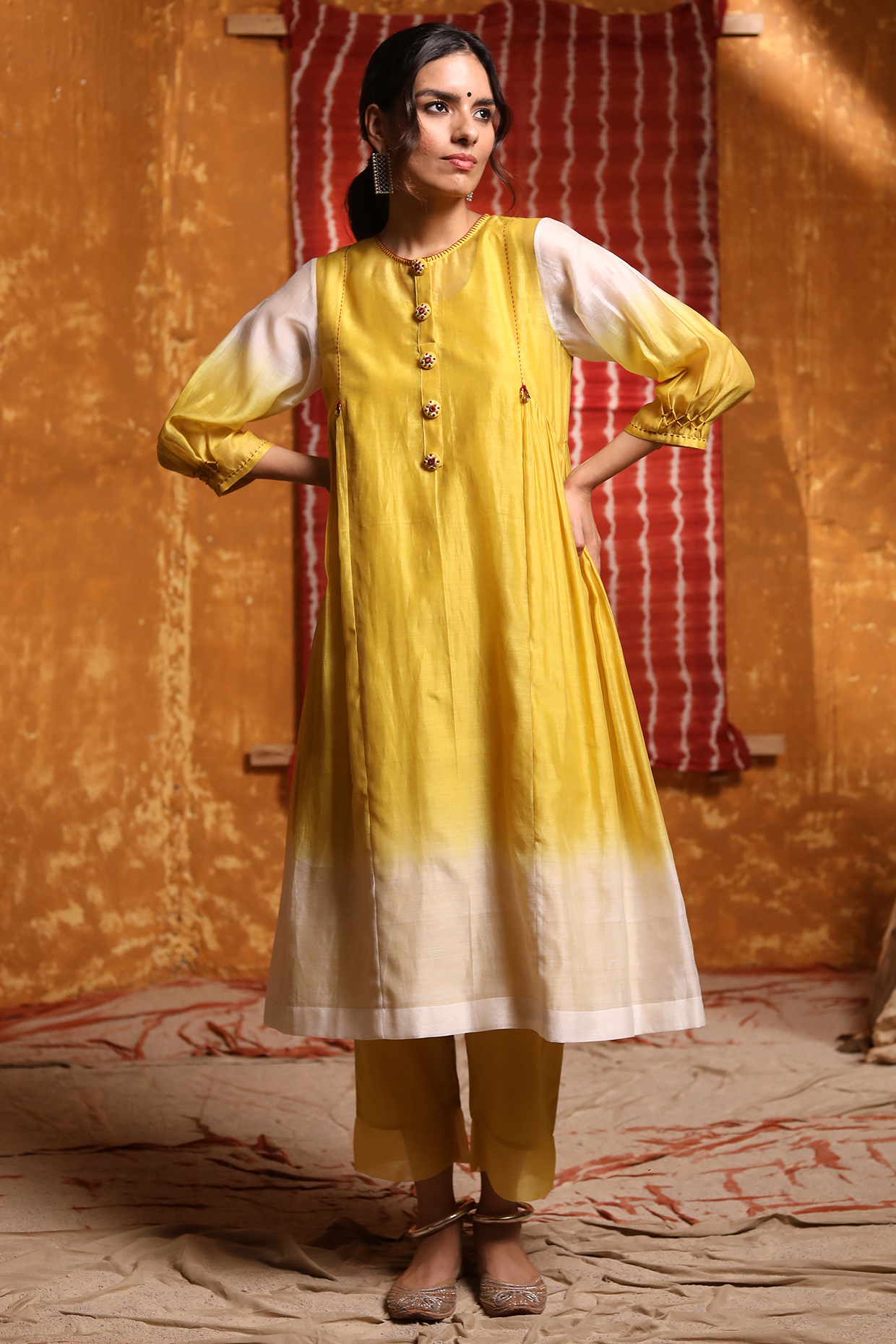 Mustard Handloom Chanderi Button Embroidered Ombre Kurta by Shivani Bhargava at Pernia's Pop Up Shop
