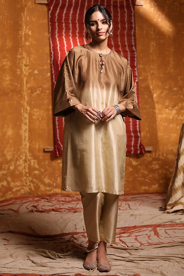 Brown Crinkle Silk Ombre Kimono by Shivani Bhargava at Pernia's Pop Up Shop